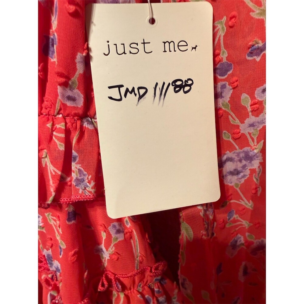 Just Me Dress Womens Size S Coral Orange Purple Floral Ruffle Tiered Mini - Picture 5 of 10